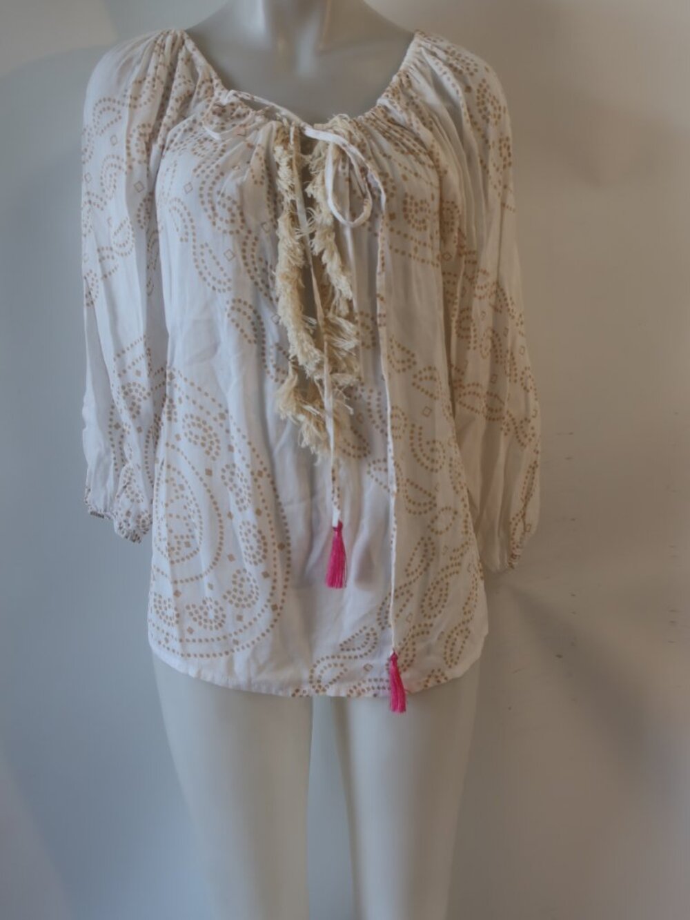 Womens Cool Change (Item- 50) White Beige Boho Tassel Tie Swim Cover-Up Top S